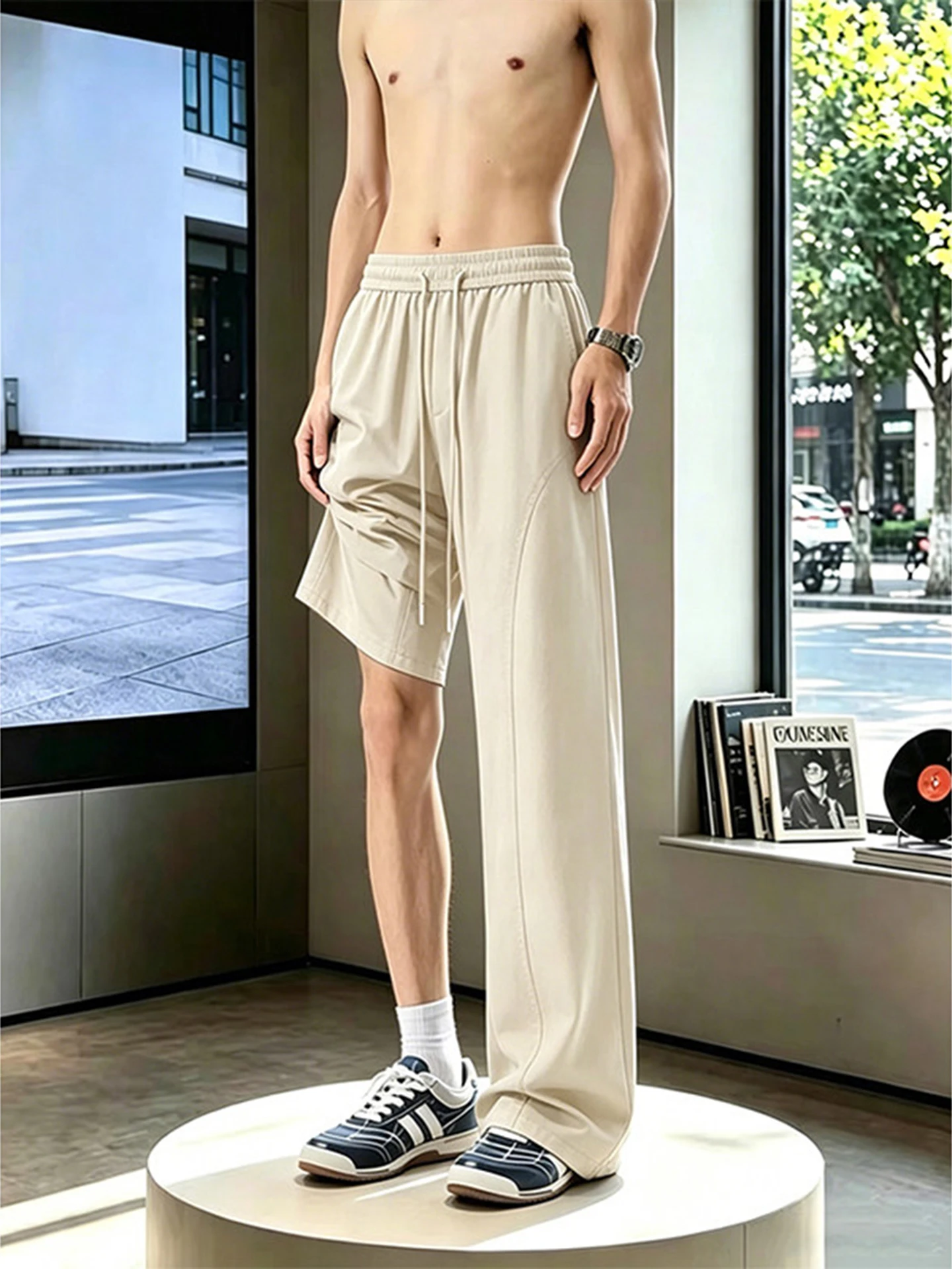 Quick Dry Nylon Trousers Men's Summer Thin Ice Silk Diagonal Cut Cleanfit Casual Flared Pants Straight Leg Loose Waist