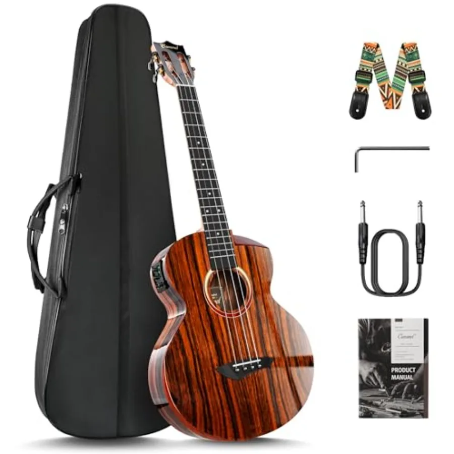 

Baritone acoustic-electric ukulele for professional performance, ebony wood, glossy black finish, cutaway design with armrest,