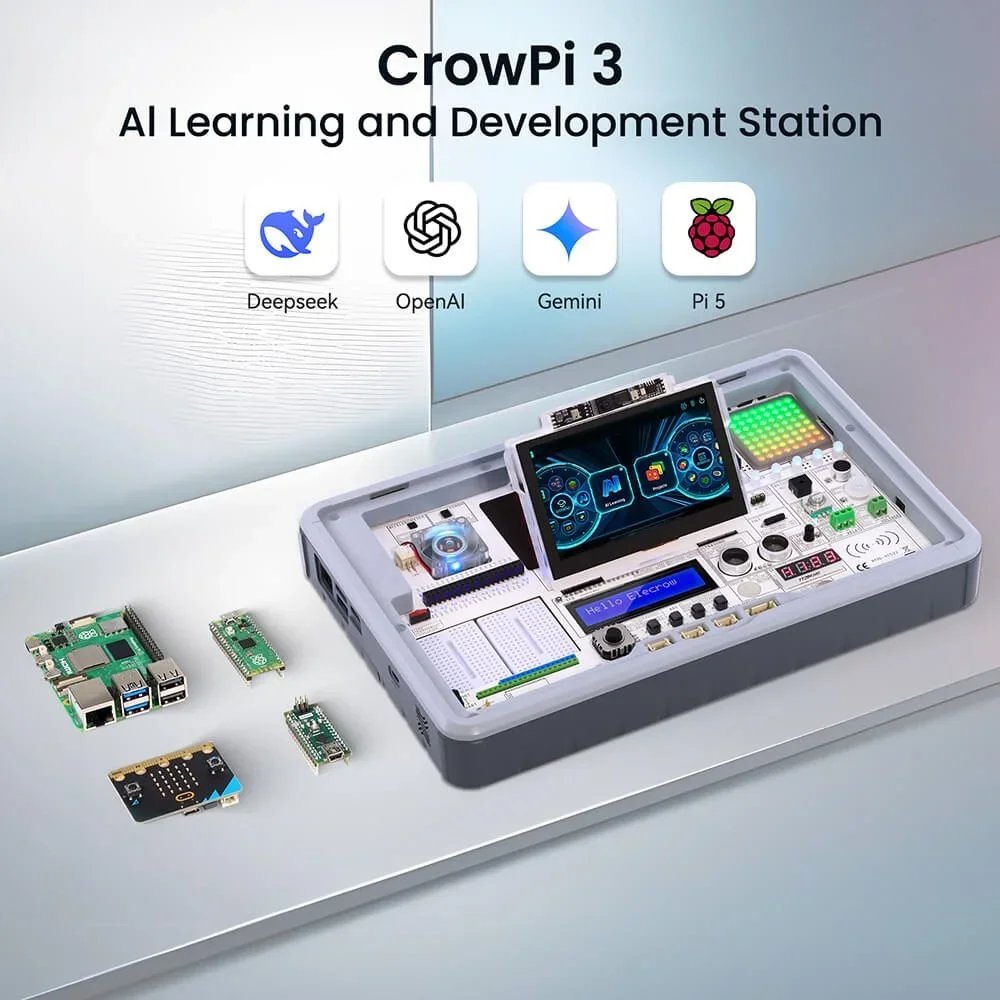 CrowPi 3 AI Learning & Development Station, 41 Built-in Modules, 180+ Lessons, Compatible with RPi 5/Arduino/Micro:bit/Pico