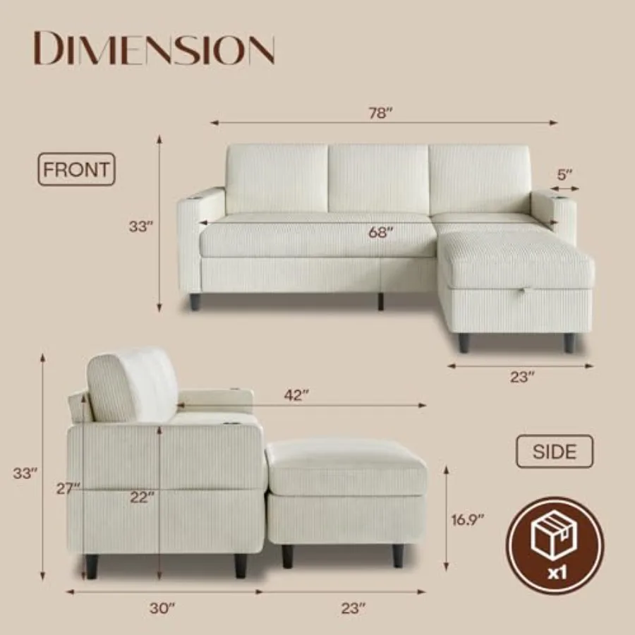 Convertible Sectional Couches for Living Room, 3 Seats L Shaped Sofa with Storage Ottoman and 2 Cup Holders, Modern Corduroy Co