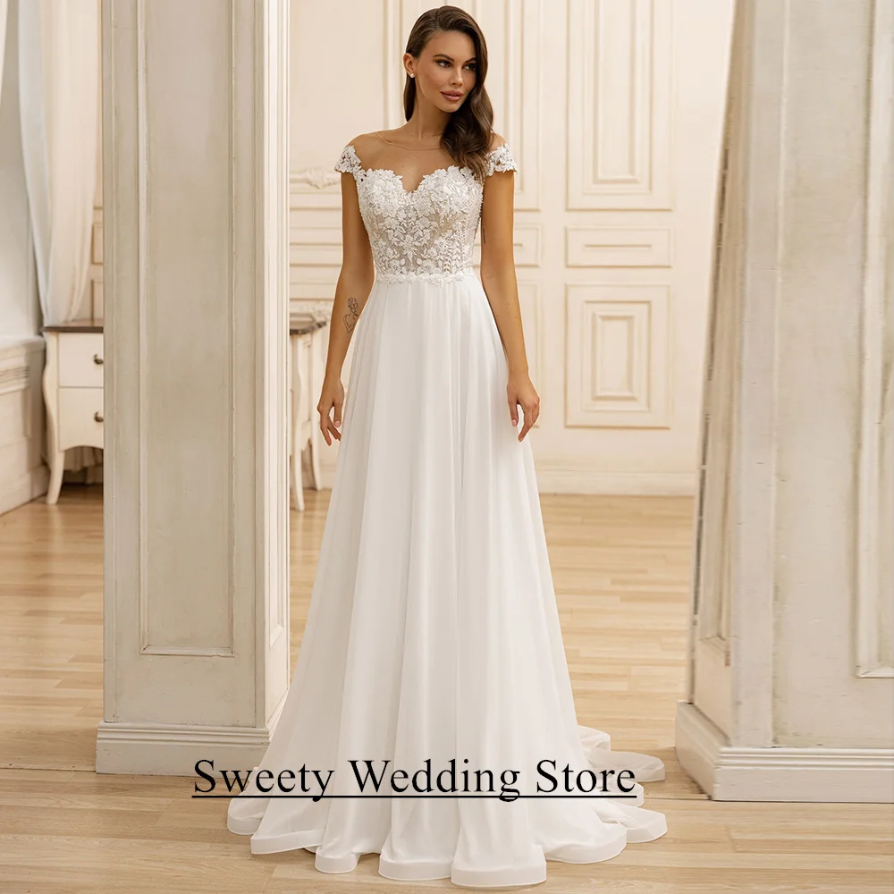 

Ivory Wedding Dress Vestido De Noiva Customized Cap Sleeve Scoop Neck Lace Applique Chiffon A Line Beach Bridal Gowns