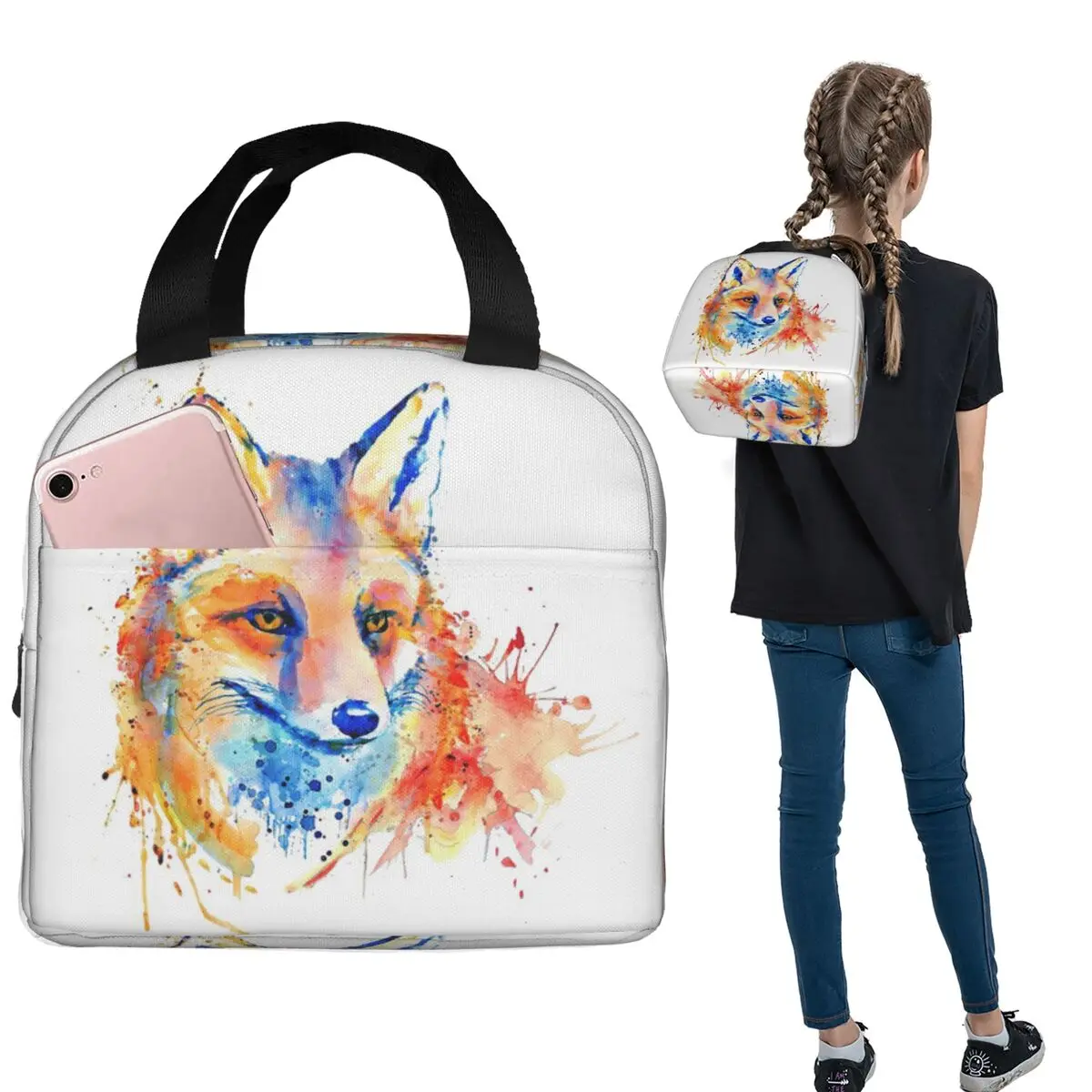

Cute Little Fox Watercolor Painting Insulated Lunch Bag for Women Kids Portable Food Boxes Thermal Lunch Box Tote