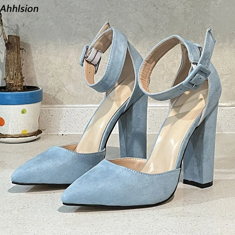 Ahhlsion Women Spring Pumps Faux Suede Pointed Toe Chunky Heels Pretty Light Blue Red Party Shoes Ladies US Plus Size 5-15