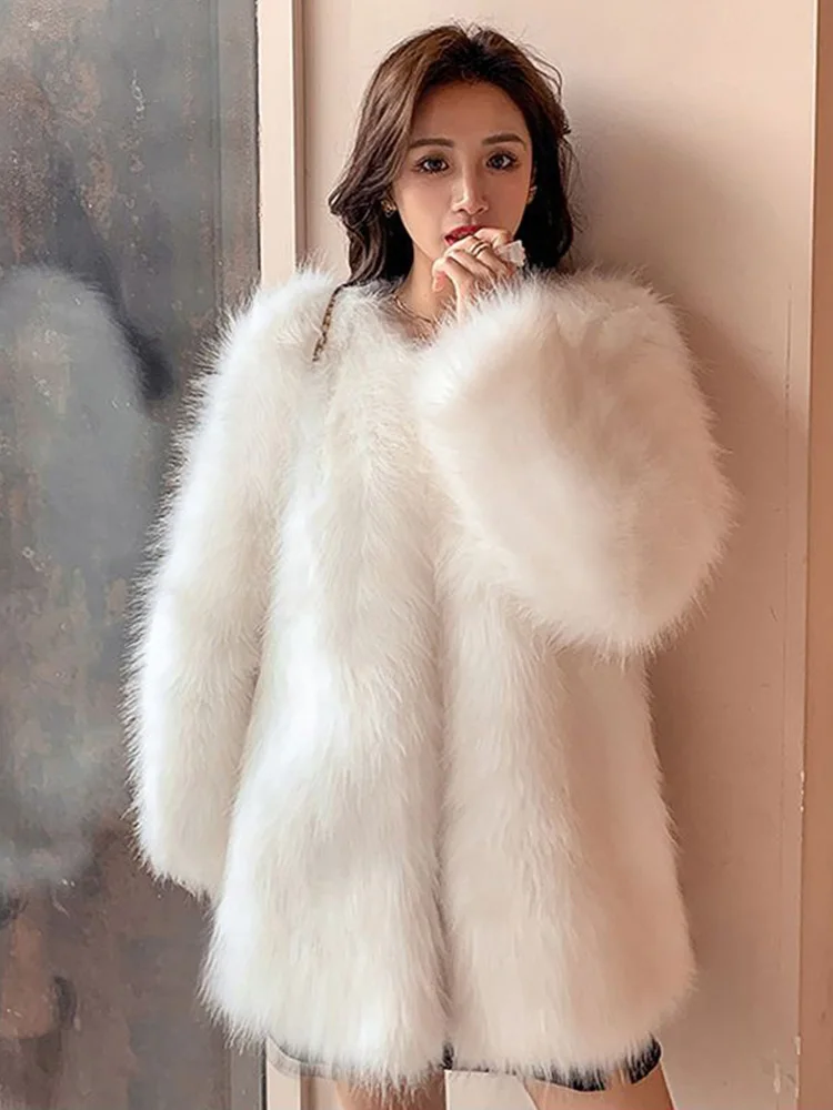 معطف فرو صناعي أسود للنساء سترة أنيقة شتوية دافئة ضيقة على الموضة الكورية بأكمام طويلة للسيدات برقبة دائرية قطع علوية صلبة من الثعلب الصناعي جديد #5