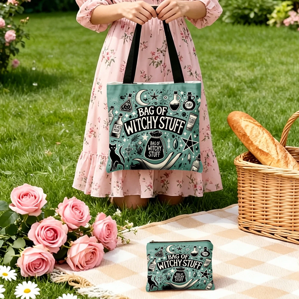 Witchy Stuff Tote Bag Teal Color With Magic Potion Bottles Moon Shoulder Bags And Cosmetic Bag Combination For Halloween Pouch