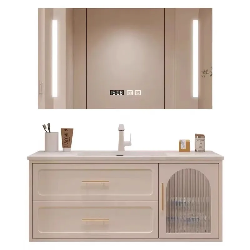 

Slate seamless integrated basin sink, oak bathroom cabinet