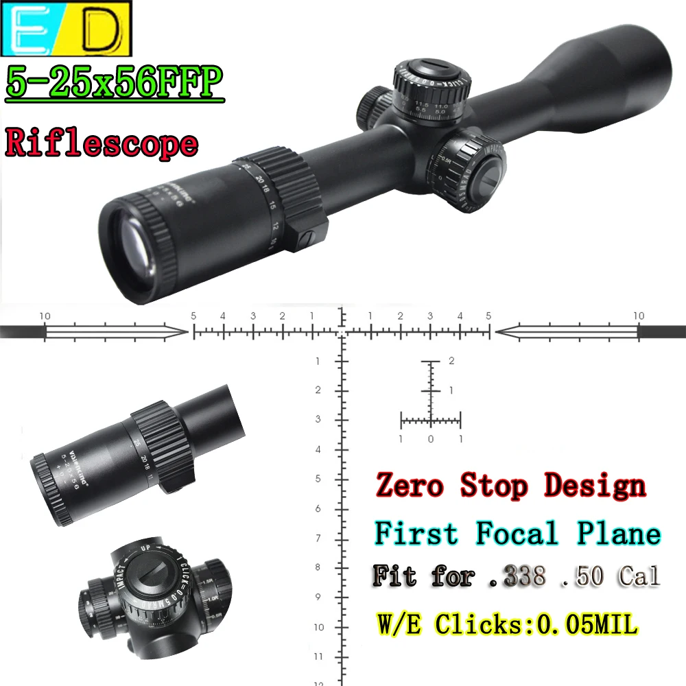 Zero Stop 5-25x56 FFP Riflescope ED Lens 34mm Tube Heavy Duty Long Range Hunting Illuminated Side Focus Optical Sight .50 Cal