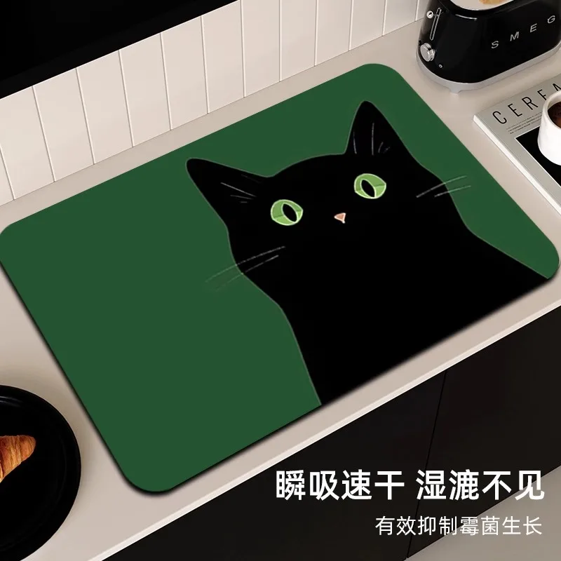 Abtropfmatte im schwarzen Katzen-Design, weiches Gummi, rutschfest, saugfähig, schmutzabweisend, für Küche, Kaffee, Bar, Arbeitsplatte