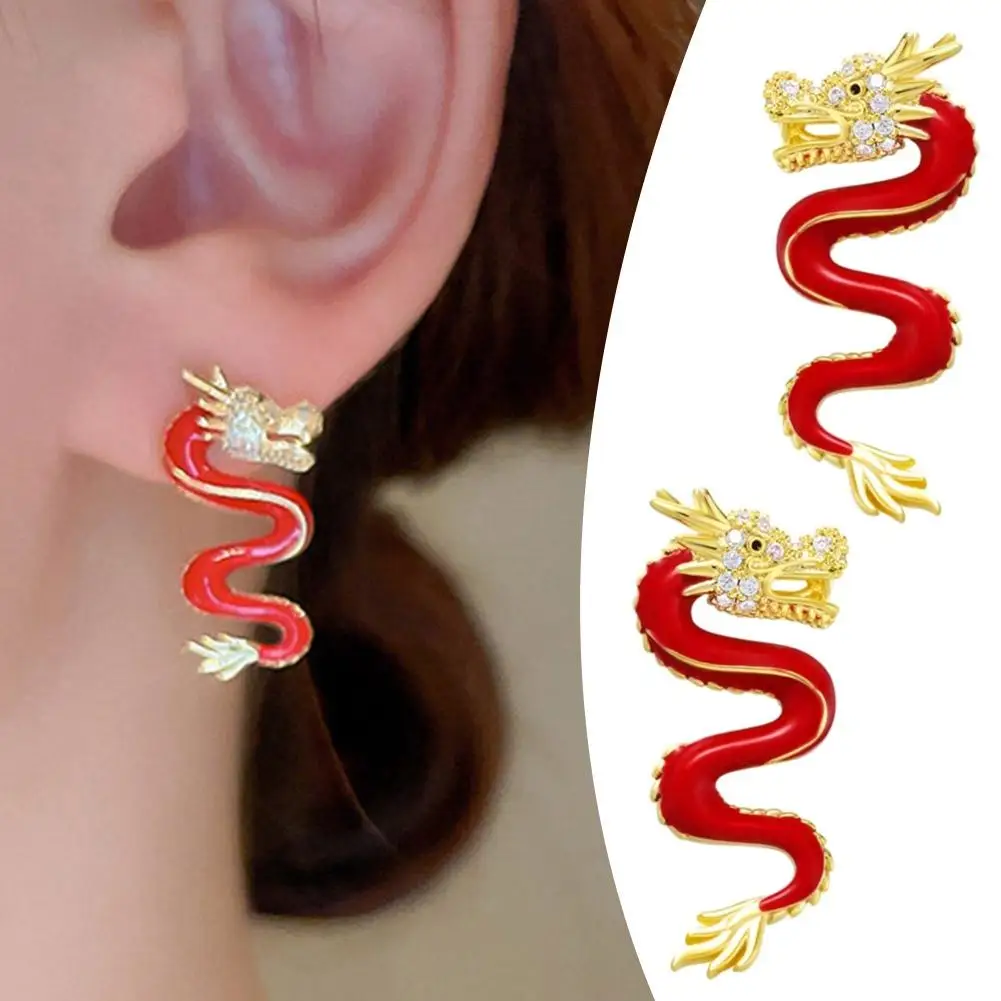 Pendientes de dragón rojo de Año Nuevo Chino, pendientes chinos populares de Año Nuevo para Minores femeninos con un sentido del diseño de Adva W9U7