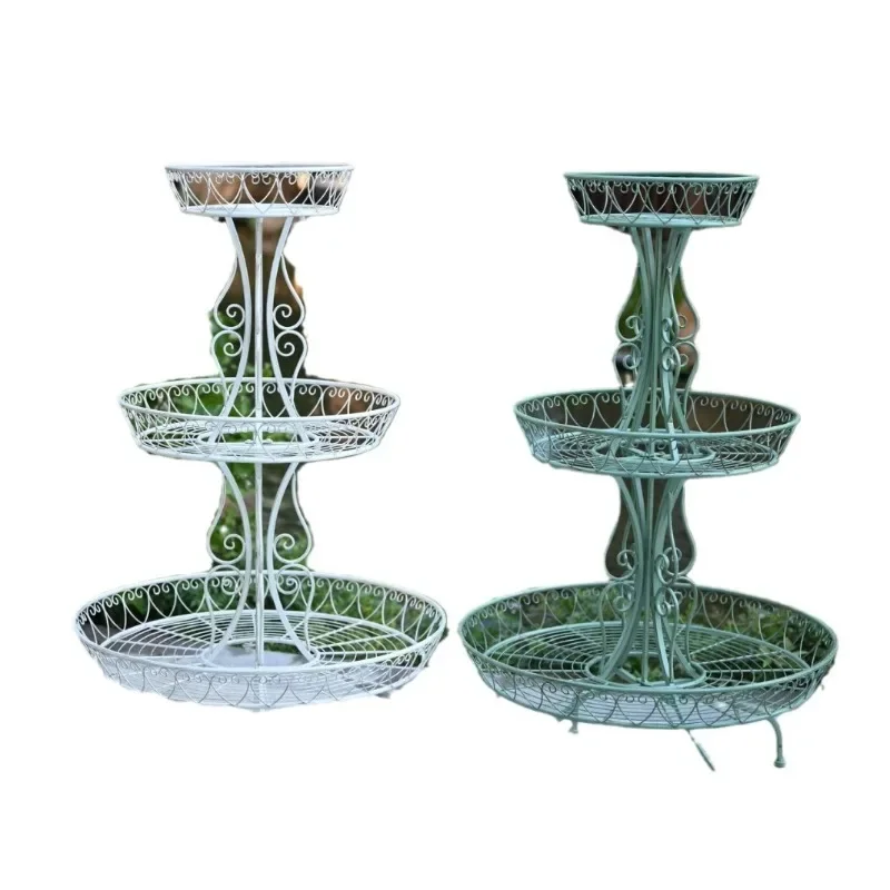 country wrought iron disc three-layer retro, large flower stand outdoor garden, plant potted balcony, multi-layer shelves