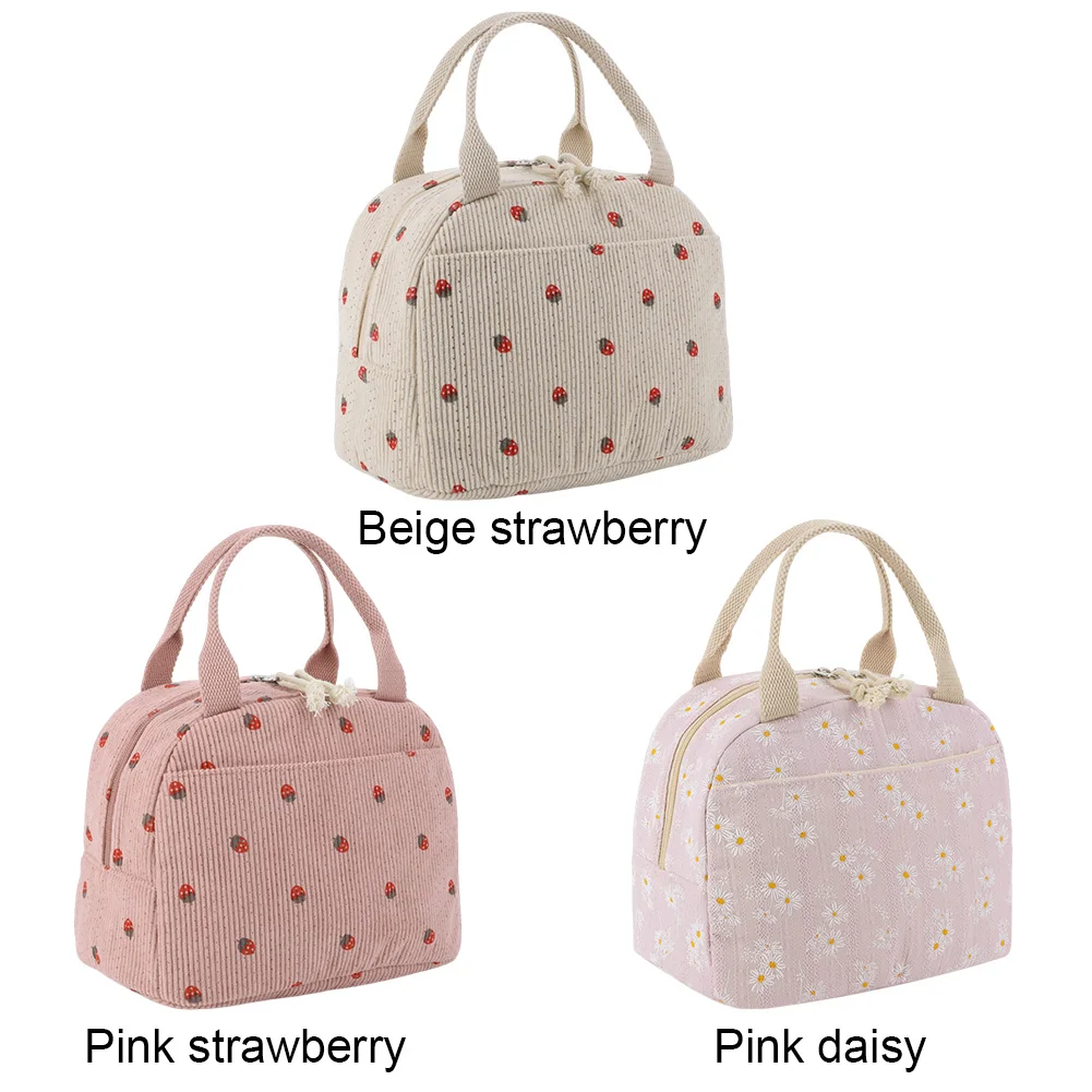 

Strawberry/Daisy Corduroy Lunchbox Container Multi-Function Lunchbox Storage Bag Insulated Lunch Bag for Office School