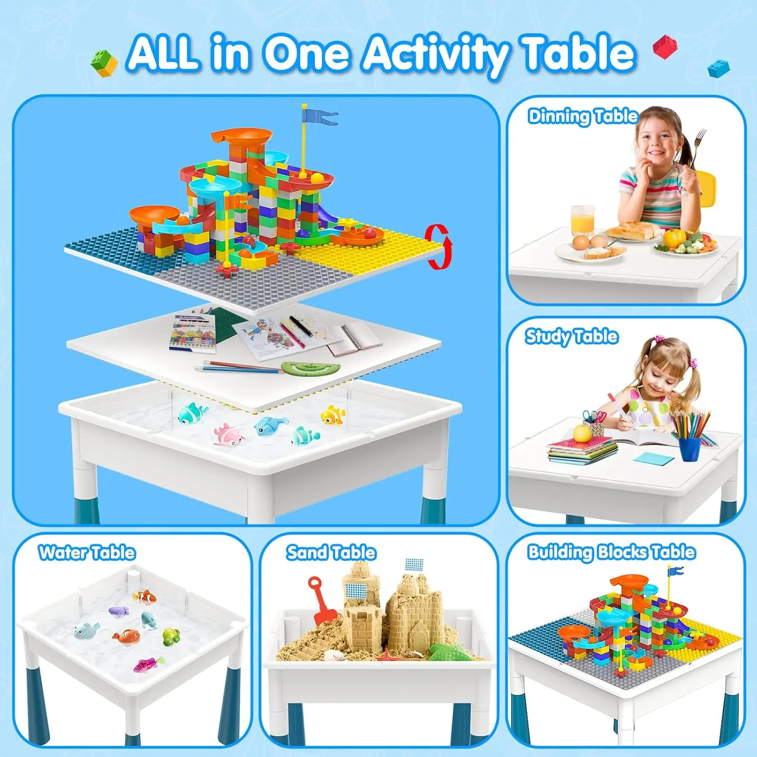 Kids Table and Chair Set: Activity Table with 152Pcs Large Marble Run Building Blocks 4 Chairs Storage All in One Play Sensory T