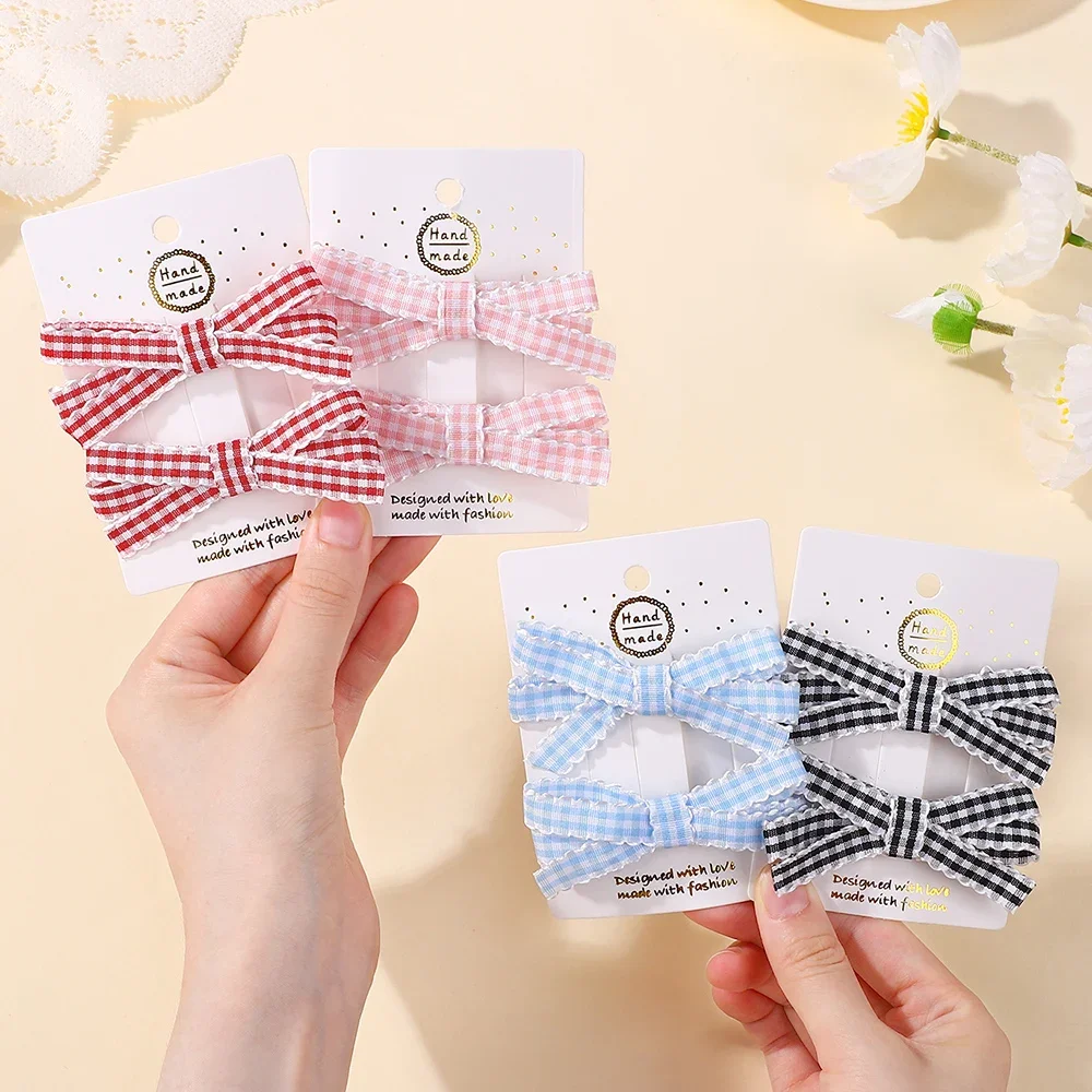 

2Pcs Plaid Lace Bangs Hair Clip Cute Double Layer Bows Hairgripes Headgear Headdress Girl Accessories Hairpin Gift Wholesale