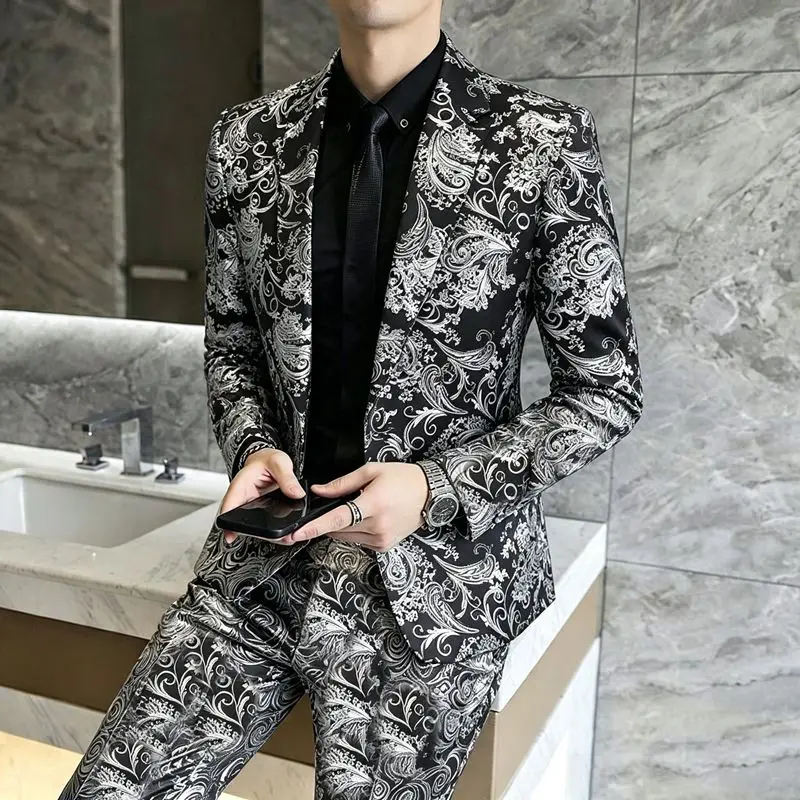 Herrenanzüge, modische Anzüge für Hochzeiten, lässige Slim-Fit-Anzüge, Friseuranzüge, Herrenanzüge im koreanischen Stil, Anzüge für Bankette, Business-Anzüge, Goldprägung, Anzüge – Detail 18