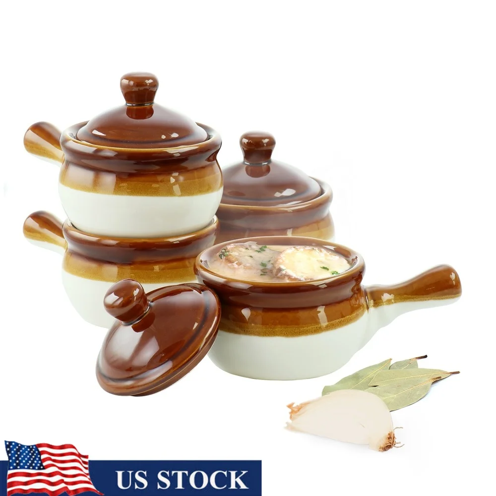 

4 Piece 15 Ounce Stoneware Soup Bowl Set with Lid Long Handle Dishwasher Microwave Oven Safe Stackable Design Classic Vintage