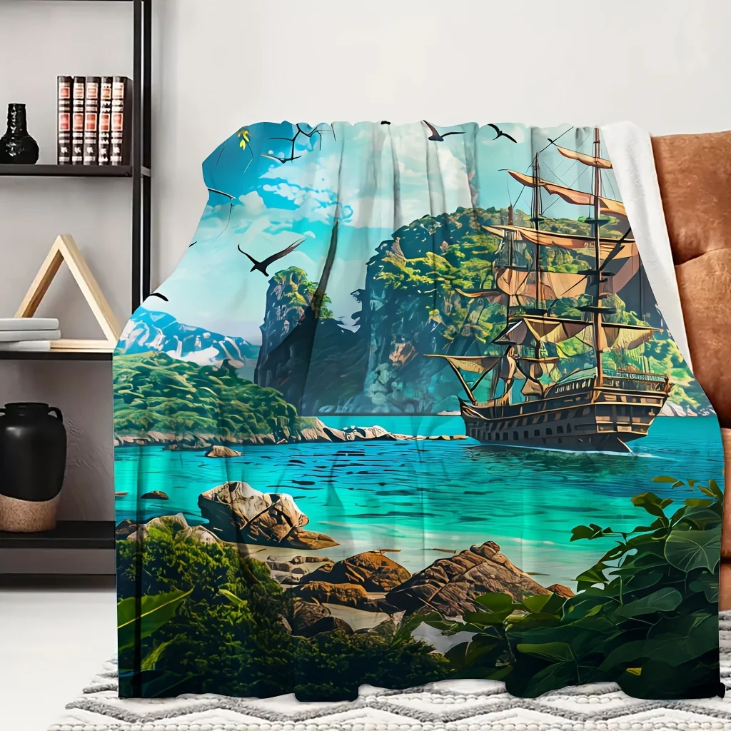 1pc Tropical Island Pirate Ship Fantasy Print Flannel Blanket, Comfortable And Portable, Suitable for Blankets, Bed Covers, Bedr