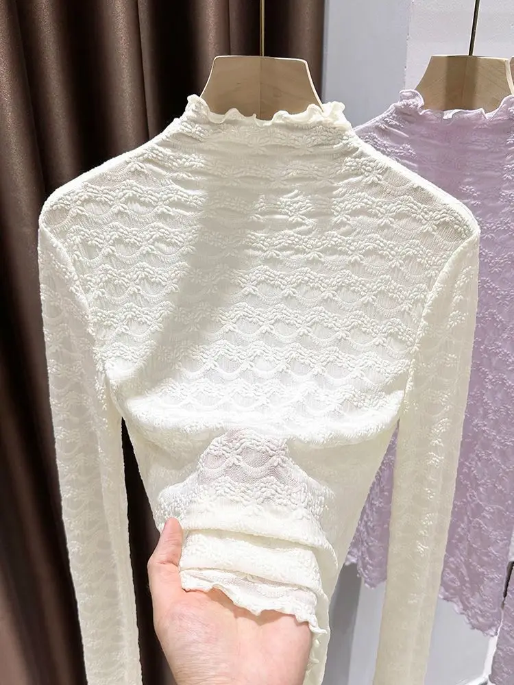 الراقية الأرجواني أنيقة شبكة طويلة الأكمام قاع قميص للنساء في الخريف رقيقة وأنيقة نصف عالية تي شيرت بياقة