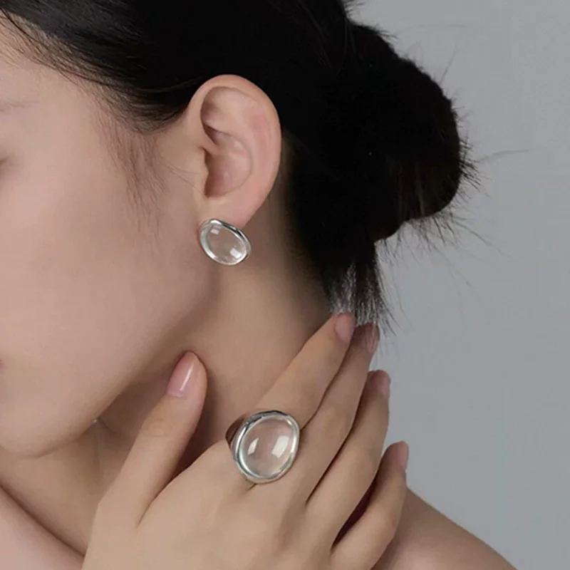 Irregular Transparent Round White Crystal Ear Stud Piercing Earrings for Women Fashion New Statement Jewelry Gift Party