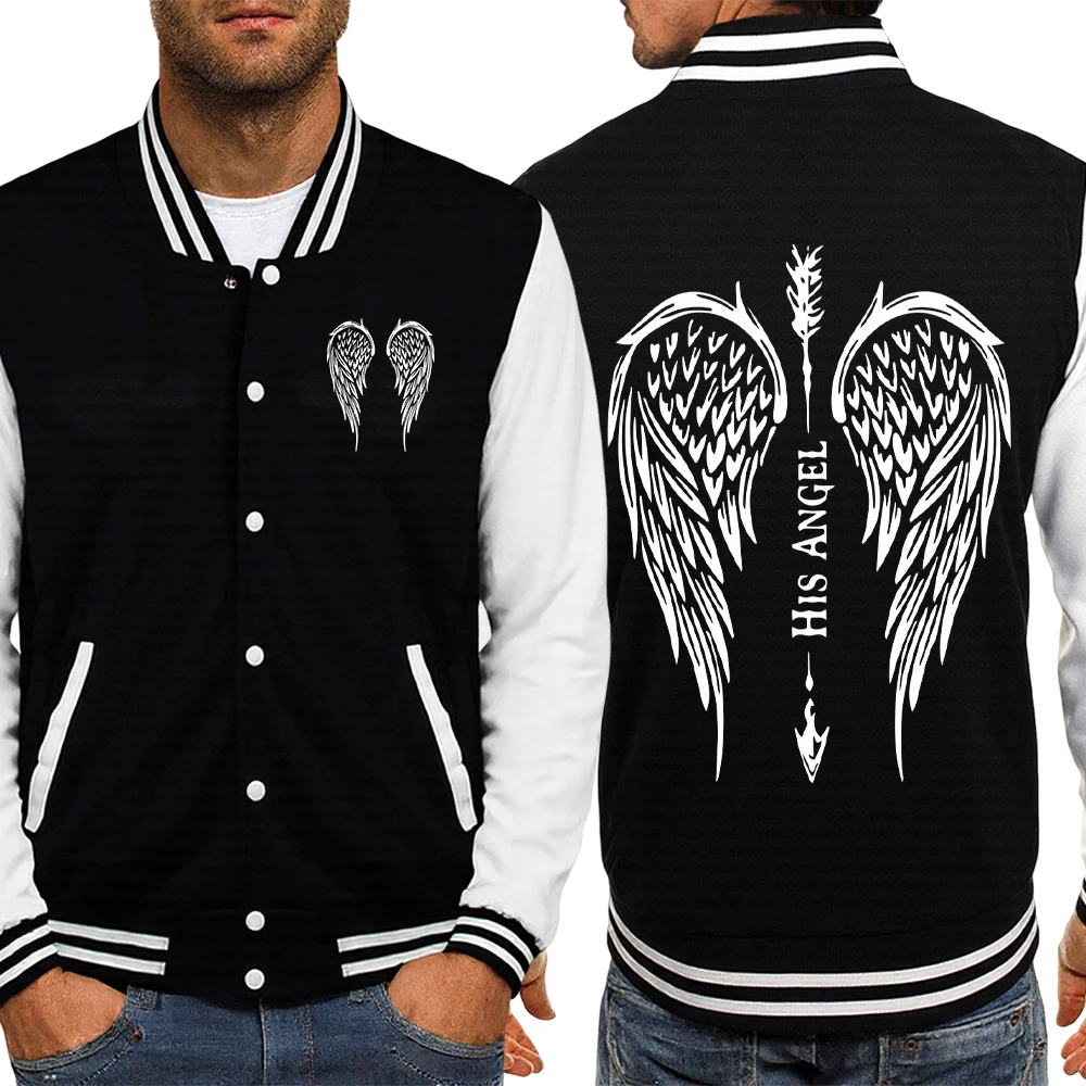 

Бейсбольные куртки с принтом His Angel Wings Arrow, мужские флисовые уличные куртки большого размера, модный трикотаж Y2K, удобные повседневные мужские топы