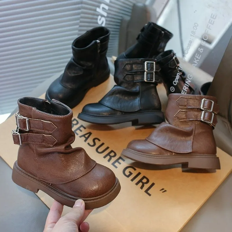 2024 New Fashion Boy Girl Short Boots Non-Slip British Style Children's Design Shoes Single Boots Leather Boots Anti-skid