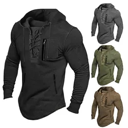 Autumn Lace Up Vintage Hoodie for Men Fashion Oversized Men‘s Clothing Casual Sweatshirt Long Sleeve Medieval Fit Pullover Tops