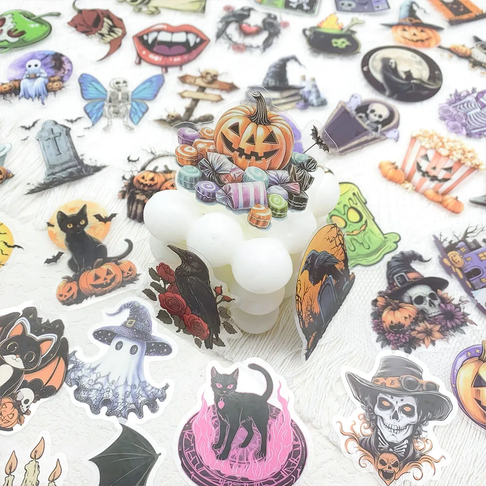 50pcs Cartoon Halloween Transparent PET Stickers Decals For Laptop Suitcase Scrapbook Refrigerator Guitar DIY Aesthetic Stickers