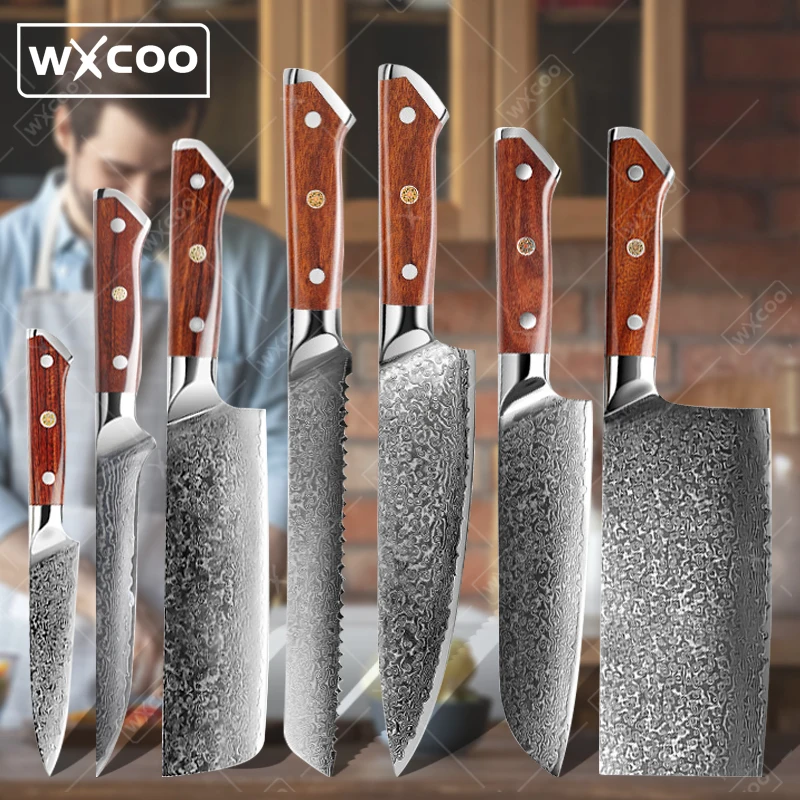 WXCOO Forged Damascus Steel Kitchen Knife Multifunctional Chef's Knife Set Cutting Chopper Meat Boning Knife Sharp Fruit Peeler