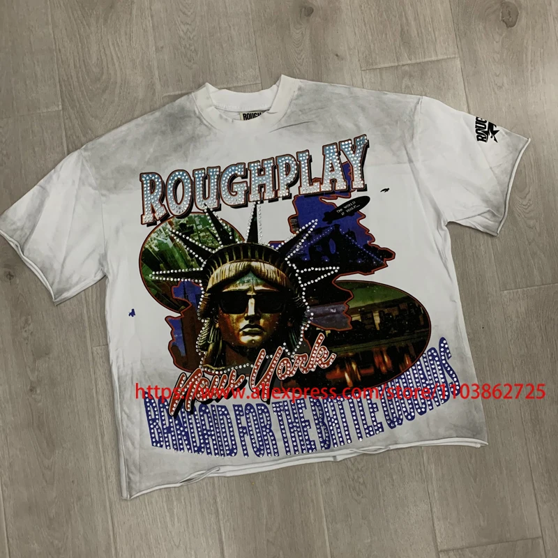 New Roguh Play T-Shirt Washed Do Old White Statue Perforated Shiny Diamond Casual Loose ROUGH PLAY Short Sleeve Tops Tee