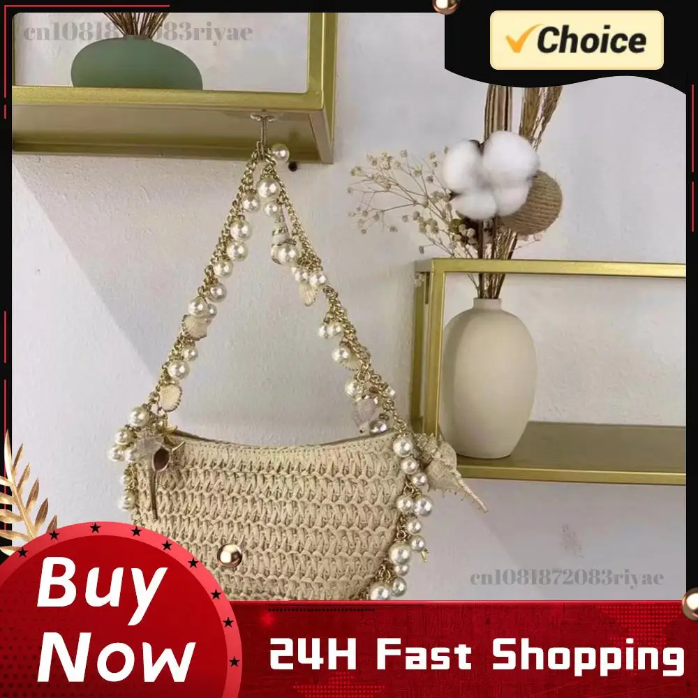 

Women Pearl Conch Handbag Breathable Elegant Straw Shoulder Bag Handwoven Shiny Pearl Clutch Bag Commute Party Shoulder Bag