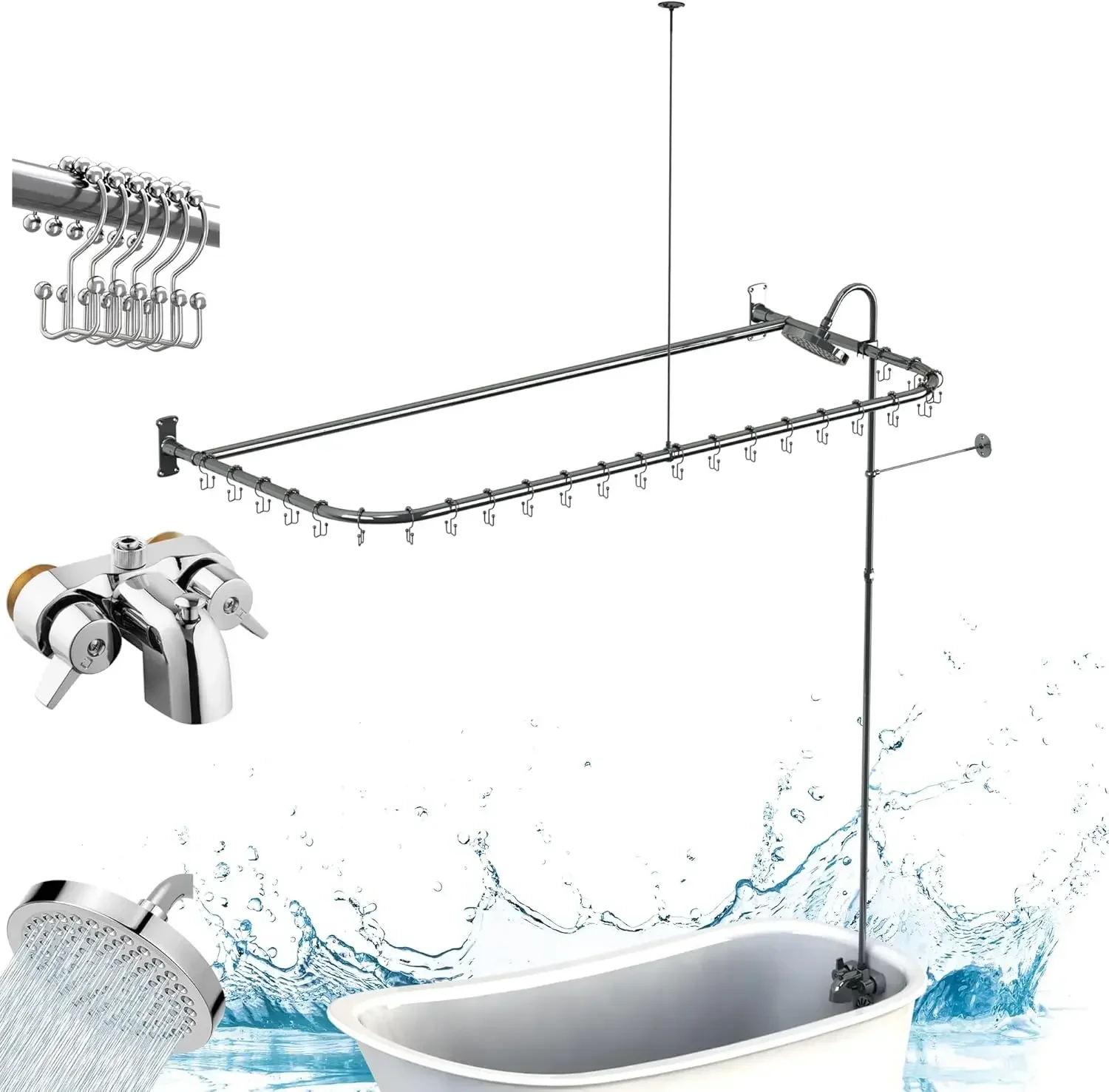 

Clawfoot Tub Shower Kit,Add On Shower With Bathcock Diverter Faucet and 60" D Type Claw foot Tub Shower Curtain Rod Kit