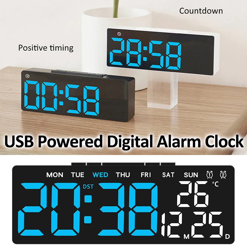 Digitaler Wecker, USB-betrieben, TEMP, Datum, Woche, automatischer Dimmer, DST-Tischuhr, 12/24 Stunden Timing, Countdown, elektronischer LED-Wecker