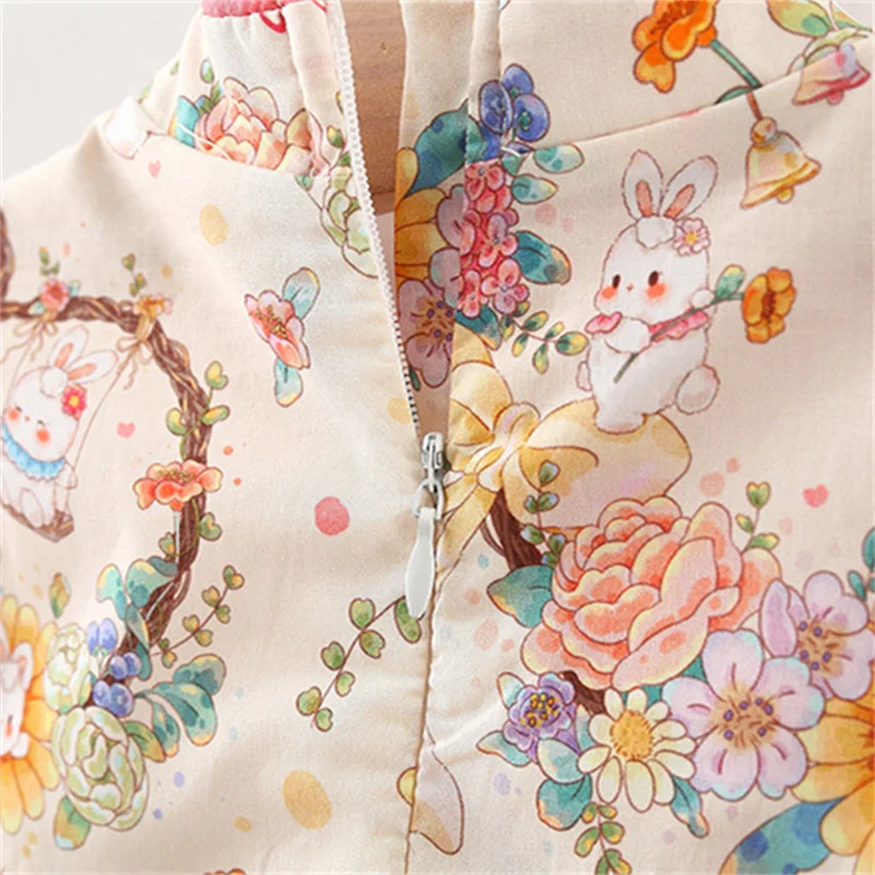 0-4 Years Old Chinese Style Baby Girl Dresses Adorable Rabbit Children Dresses Unique Button Kid Clothes Fashion Toddler Costume