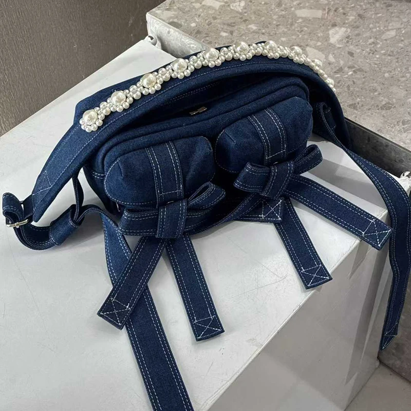 

Japanese Denim Shoulder Bag Pearl Decor Tote For Women Y2k Style Motorcycle Bag Fashion Bow Design Large Capacity Crossbody Bag