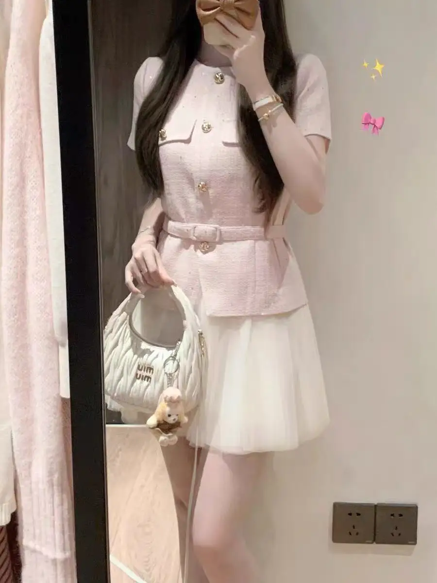 Capispalla estivo sottile Ele Pink Gonna gonfia in tulle a vita alta Set in due pezzi Chiusura con bottoni Sle Or Sve di lusso