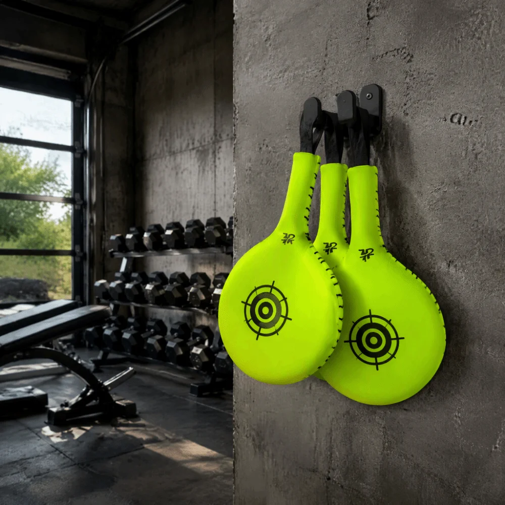 PU Outer Material Boxing Paddle Target Fluorescent Green Color With Hand Strap Boxing Strike Paddle Paddle Shape