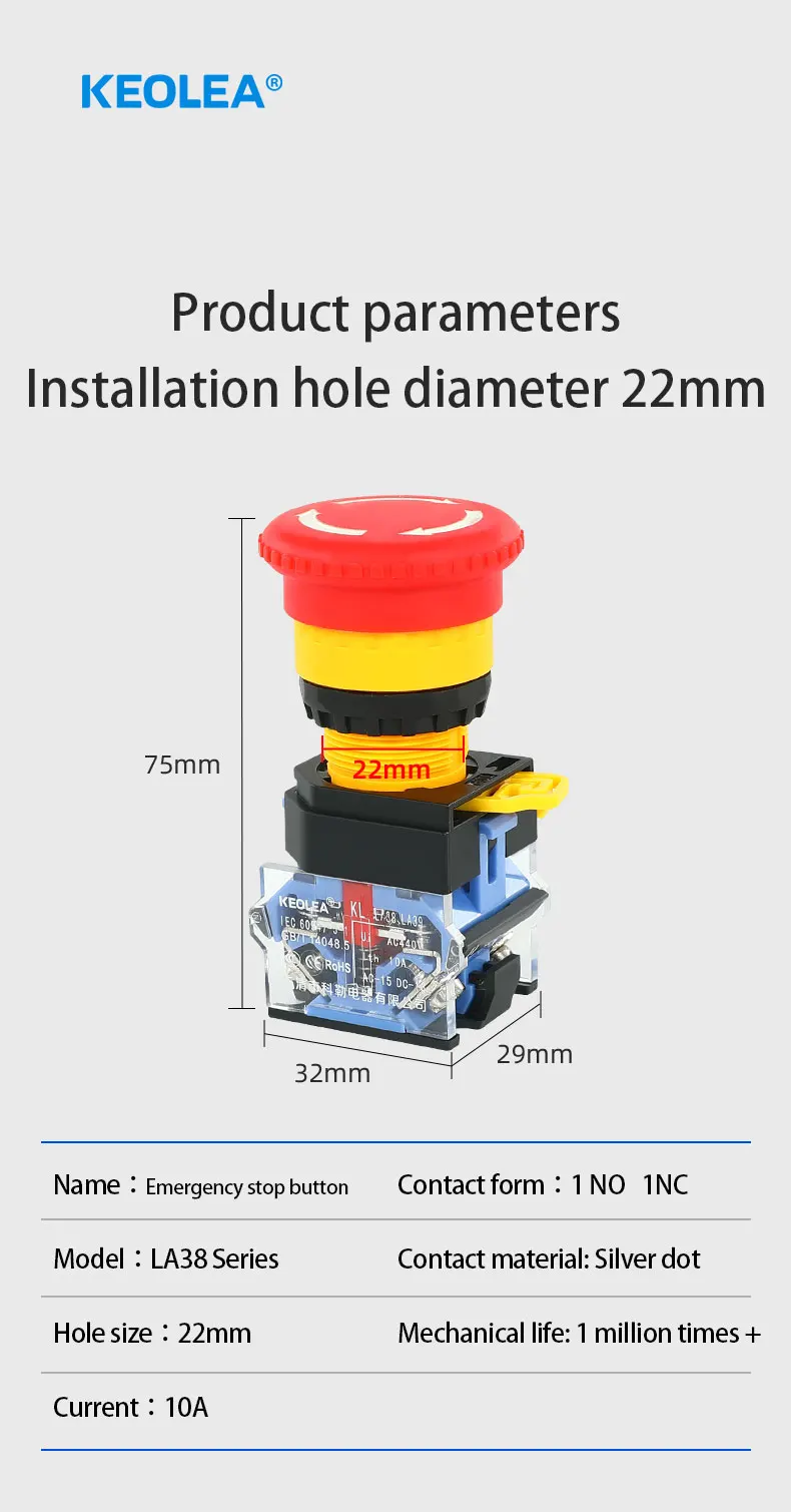 LA38 Not-Aus, 10 A, selbstsichernder Dreh-Reset-Verriegelungskopf, Netzschalter, Pilzdruckschalter, 22 mm, 1 Schließer, I, NC, 2 Öffner – Detail 14