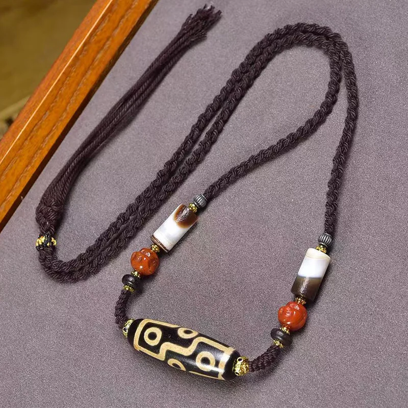 سترة العقيق تسعة العينين Dzi حبة قلادة سلسلة الترقوة حبل مضفر قلادة #2