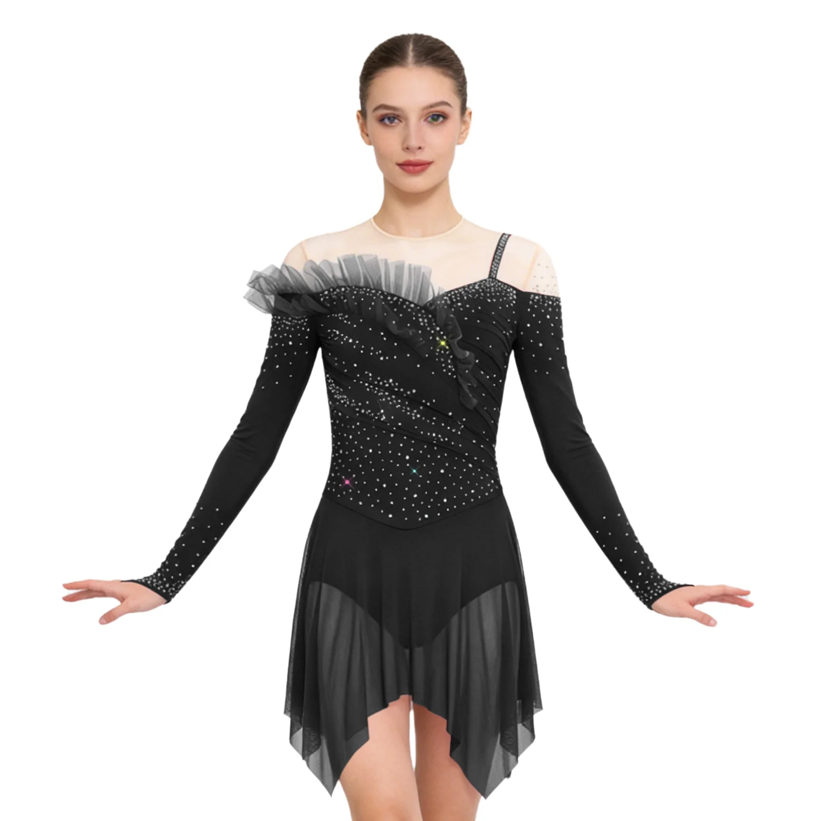 

Women Ballet Modern Leotards Figure Skating Dress Long Sleeves Rhinestones Tulle Dress with Buttons Crotch Performance Dancewear