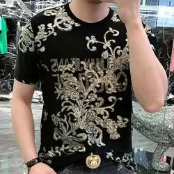 Summer Men Short Sleeved Pullover Casual Personality Retro Pattern Comfortable Tee Jacquard Hot Stamping Pattern Print Men Tees