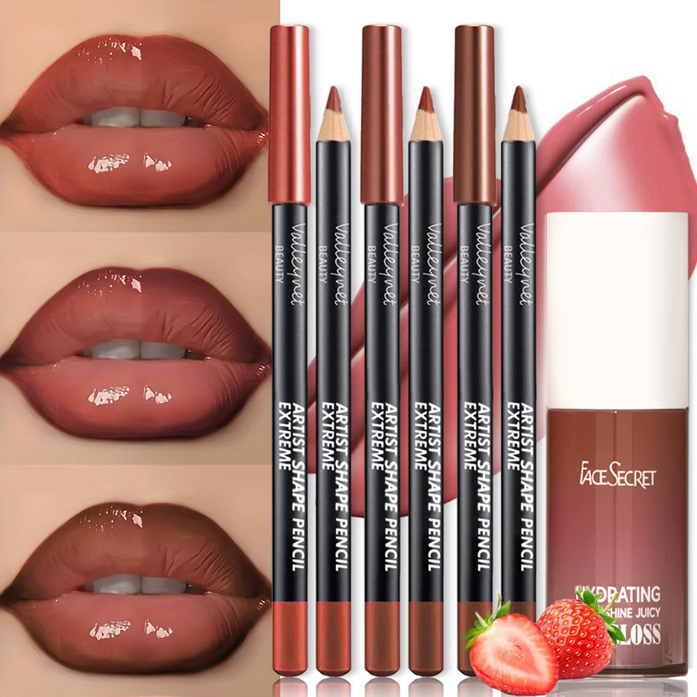 4PCS/SET Moisturizing Lip Gloss Lip Oil Lip Liner Lip Combo,Long Lasting Waterproof Lip Liner 3D Lips for A Dewy Finish