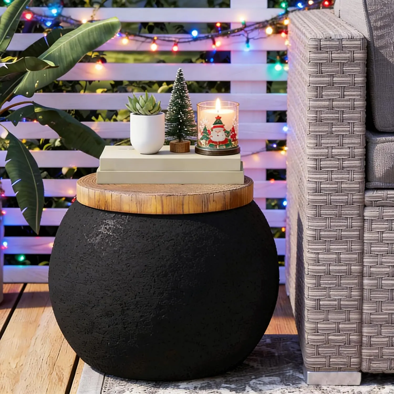 Outdoor Patio, Livingroom, Bedroom, Garden Side Table - Concrete, Black, Faux-Wood Top, Cosy