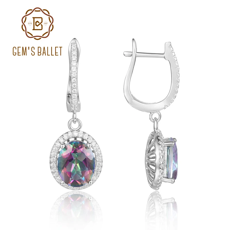 

GEM'S BALLET 925 Sterling Silver Birthstone Earrigns 8x10mm Oval Rainbow Mystic Topaz Gemstone Drop Earrings For Women Jewelry