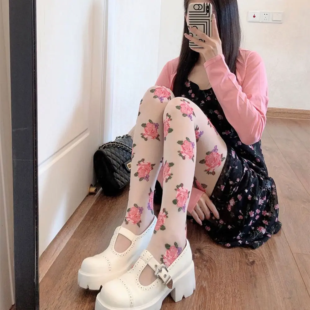 

Seamless Embroidery Lolita Stockings Rose Thin Floral Tights Pink/Black Mesh Pantyhose Lady
