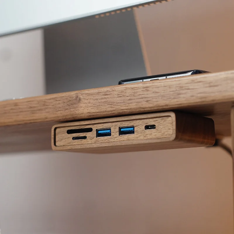

Black Walnut Wood USB Hub Under Desk Organizer Premium Desktop Riser Accessory with 3.0 Ports Multi-Device Charging Station