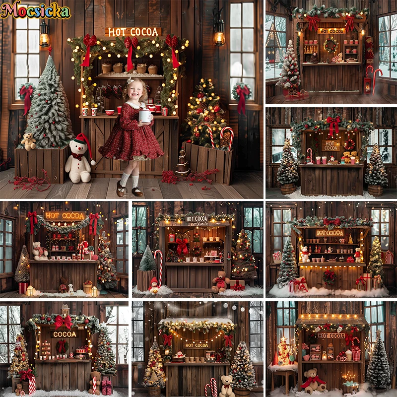 

Mocsicka Christmas Hot Cocoa Tree Backdrop Kids Baby Photography Props Child Adult Photocall Xmas Wreath Decors Store Background