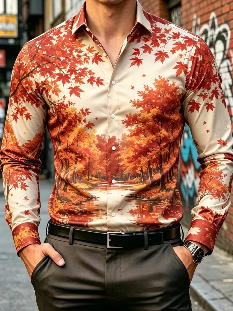 New Men's Gold Thread Vine Small Flower Divided Column Contrast Printed Long Sleeve Shirt Smooth Satin Collar Top