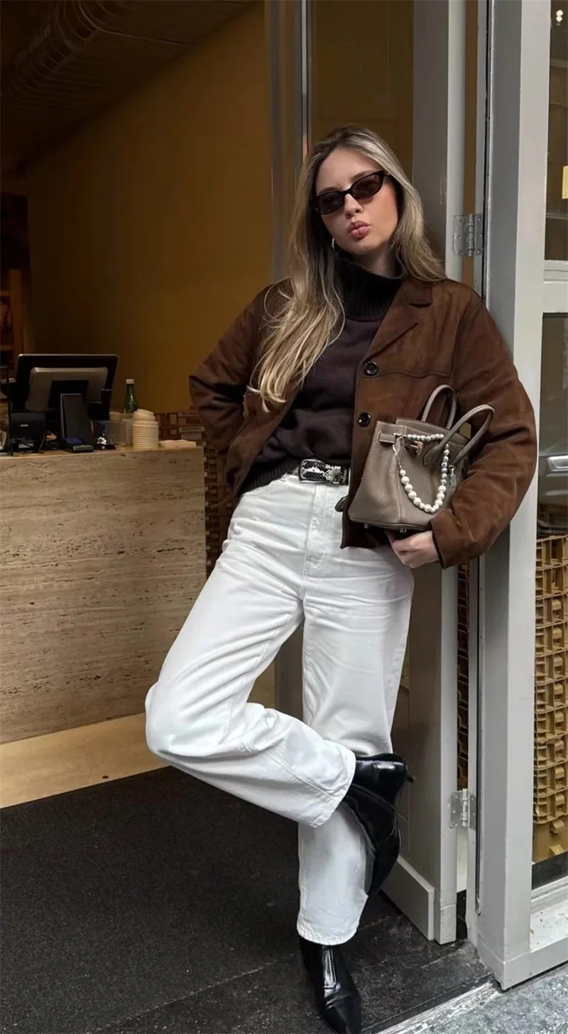 レディースジャケット ブラウン スエード ショートブレザー 柔らかく暖かい 秋 カジュアル ファッションスタイル