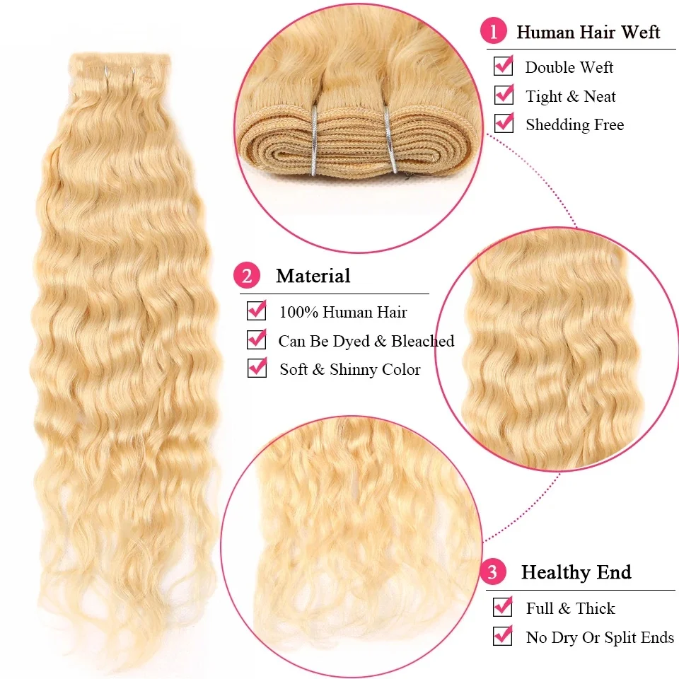 40 Inches 613 Honey Blonde Water Wave Long Curly Bundles Human Hair 150% Density Brazilian Remy Hair Extension For Black Women