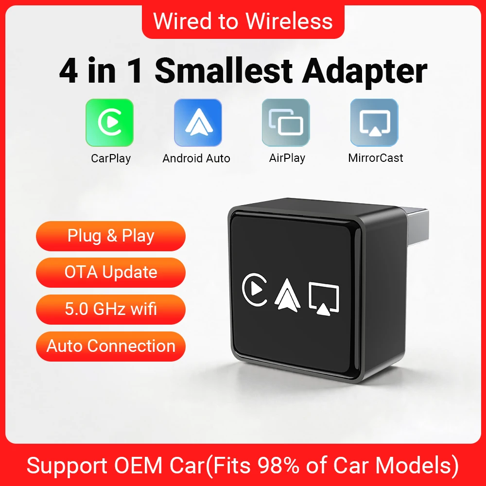 

2026 New 4in1 Smallest Adapter CarPlay/Android Auto/AirPlay/MirrorCast,5.0GHz wifi,OTA Update,Wired To Wireless AI Mini Box