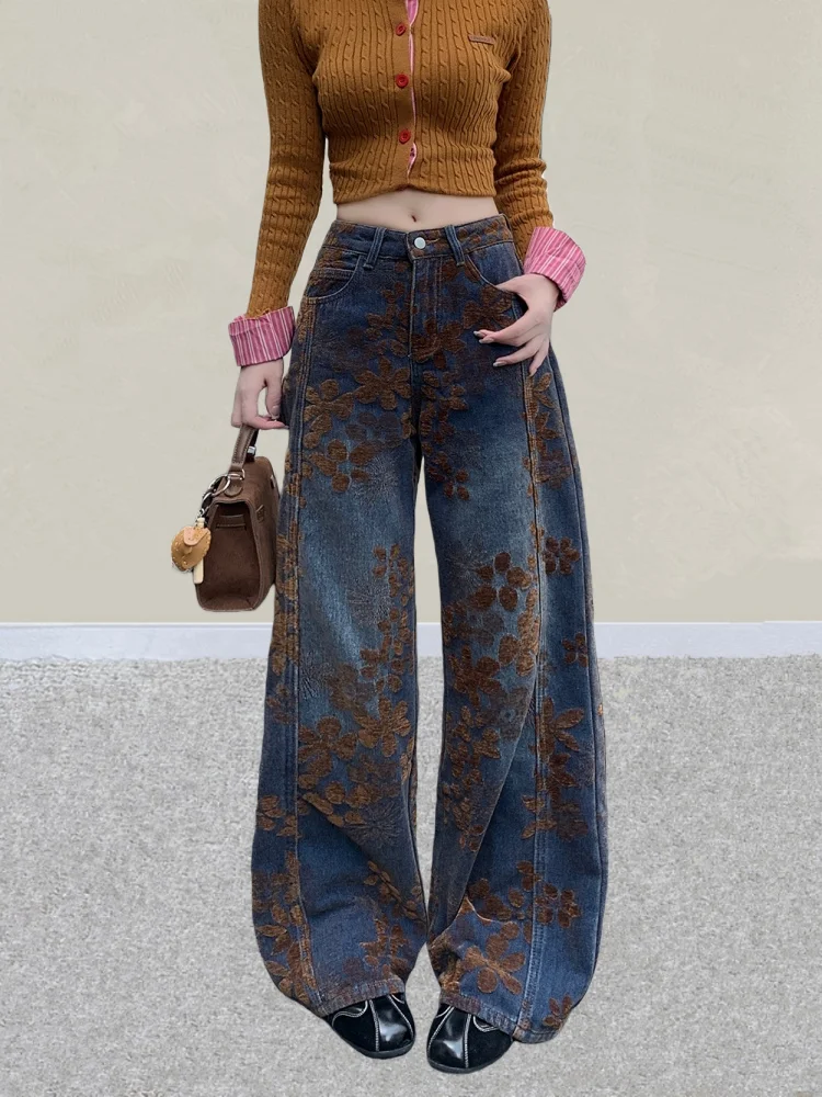 2025 American Retro Y2K Streetwear Flowers Embroidery Baggy Women's Jeans Pants Woman Clothing Wide Leg Gothic Denim Trousers